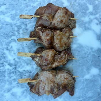 1 pack of Frozen Free Range Chicken Thigh Kebabs (BBQ Marinated), Avg 530g